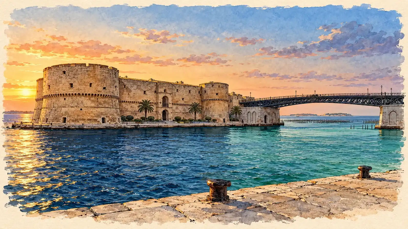 Acquerello del Castello Aragonese e del Ponte Girevole di Taranto al tramonto, tra Mar Grande e Mar Piccolo