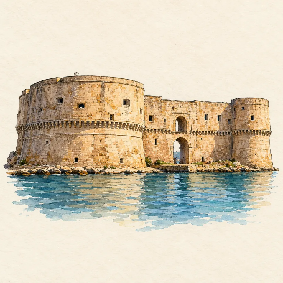 Acquerello del Castello Aragonese di Taranto, con i torrioni rotondi in pietra sull’acqua