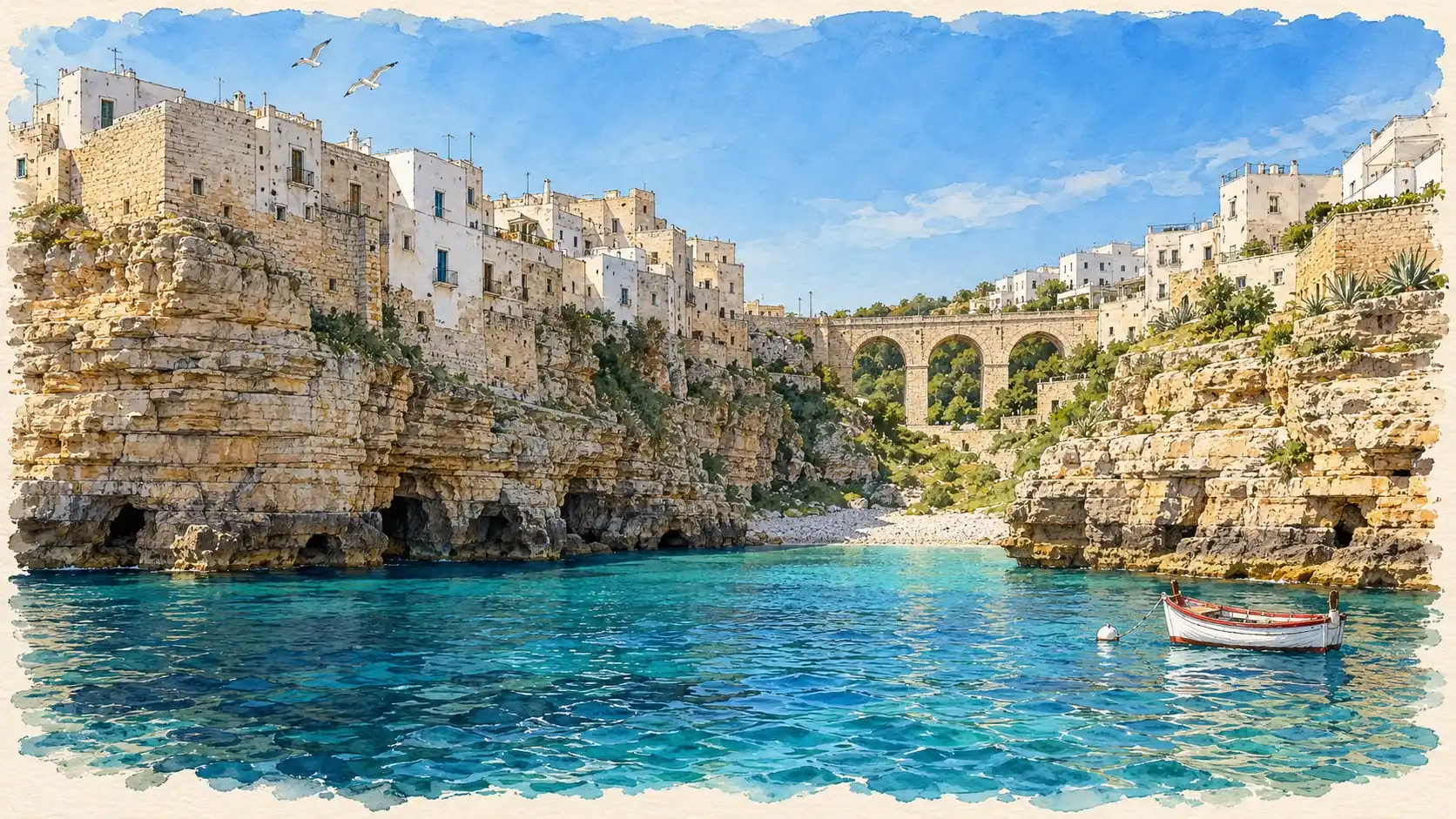 Acquerello di Polignano a Mare dal mare: le case sulla falesia e la cala di Lama Monachile con il ponte