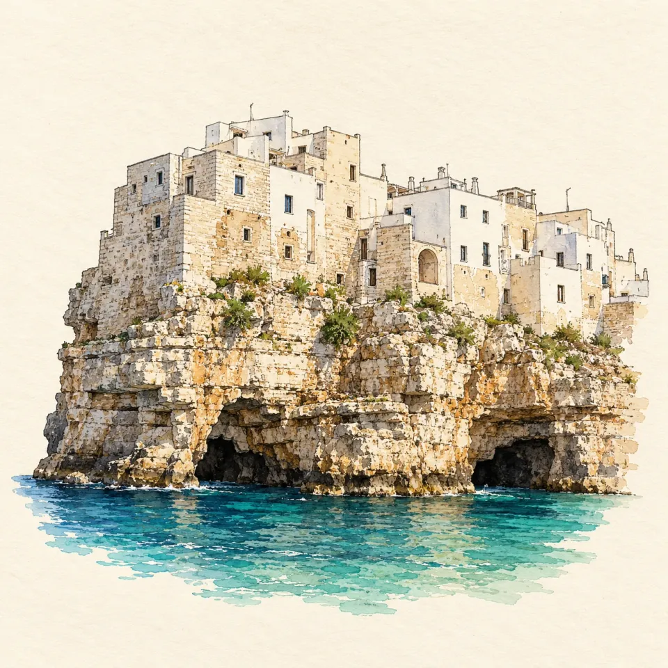 Acquerello delle case di Polignano a Mare sulla falesia, con le grotte sul mare turchese