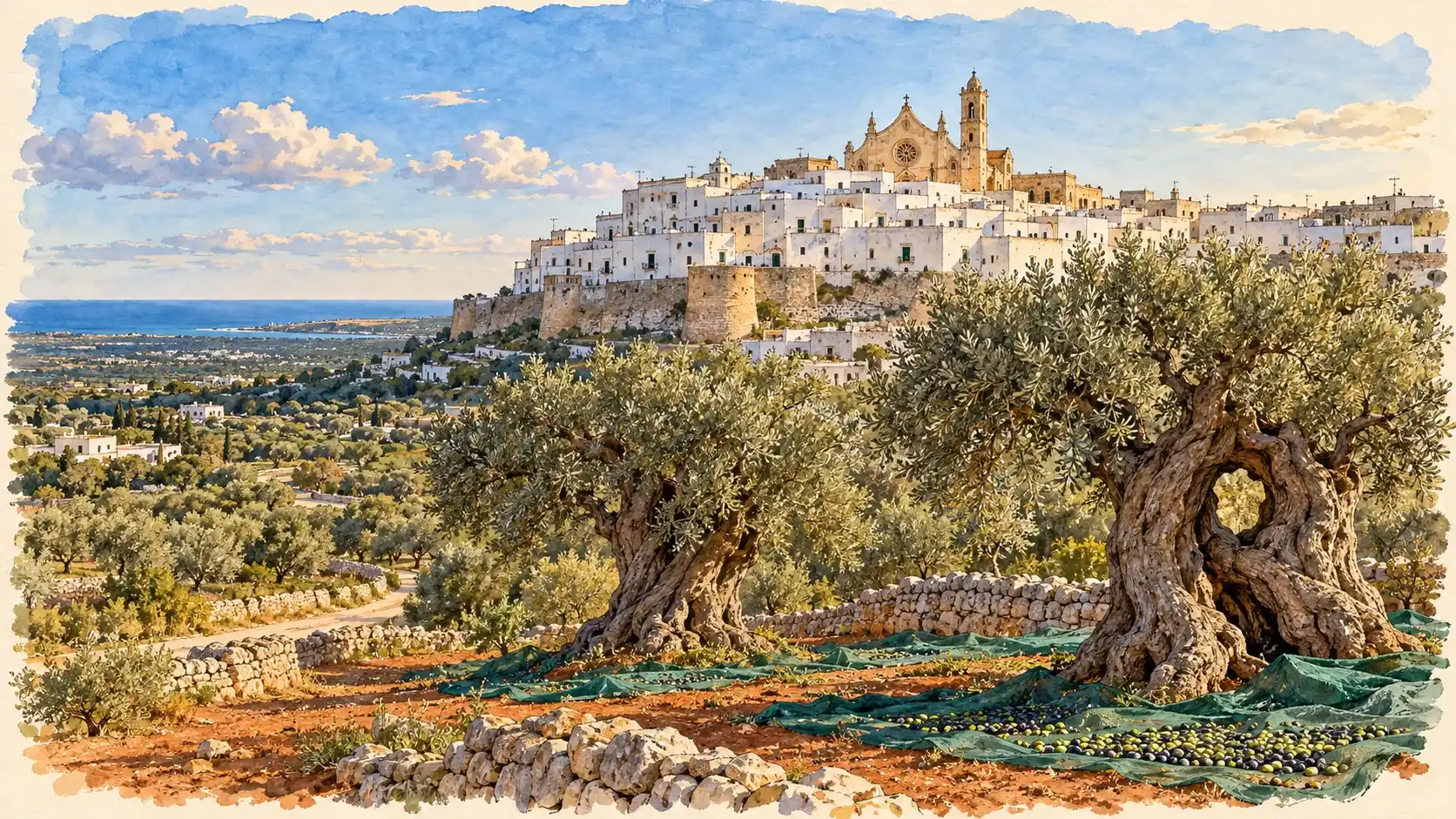 Acquerello di Ostuni bianca sul colle, sopra gli ulivi monumentali con le reti della raccolta