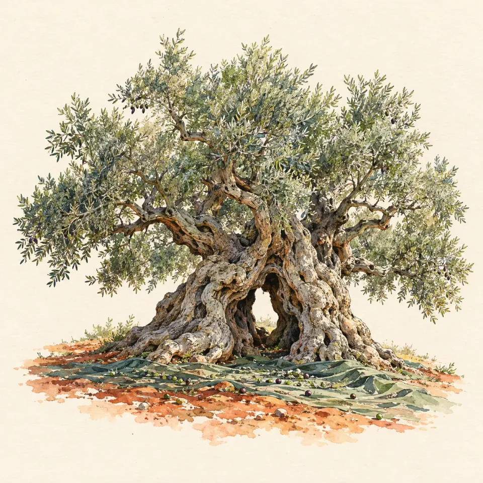 Acquerello di un ulivo millenario dal tronco contorto, con le reti piene di olive sulla terra rossa