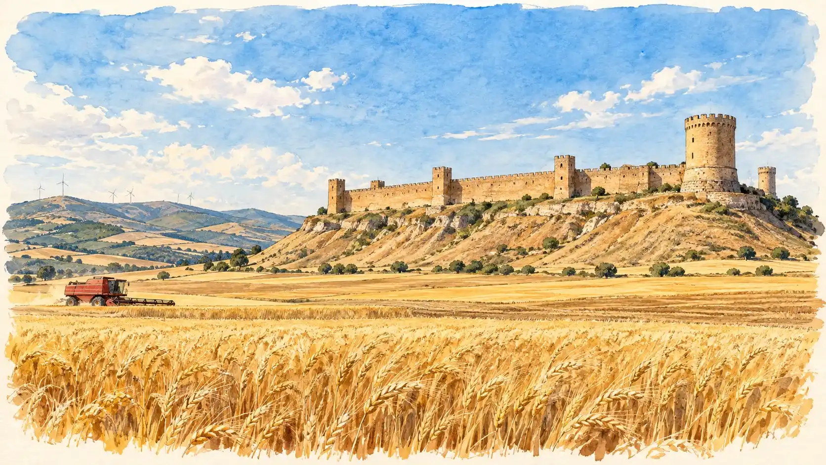 Acquerello della Fortezza di Lucera sul suo colle, sopra i campi di grano del Tavoliere e i Monti Dauni
