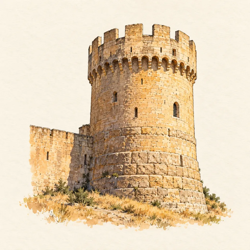 Acquerello della Torre della Leonessa, la torre rotonda e merlata della Fortezza di Lucera
