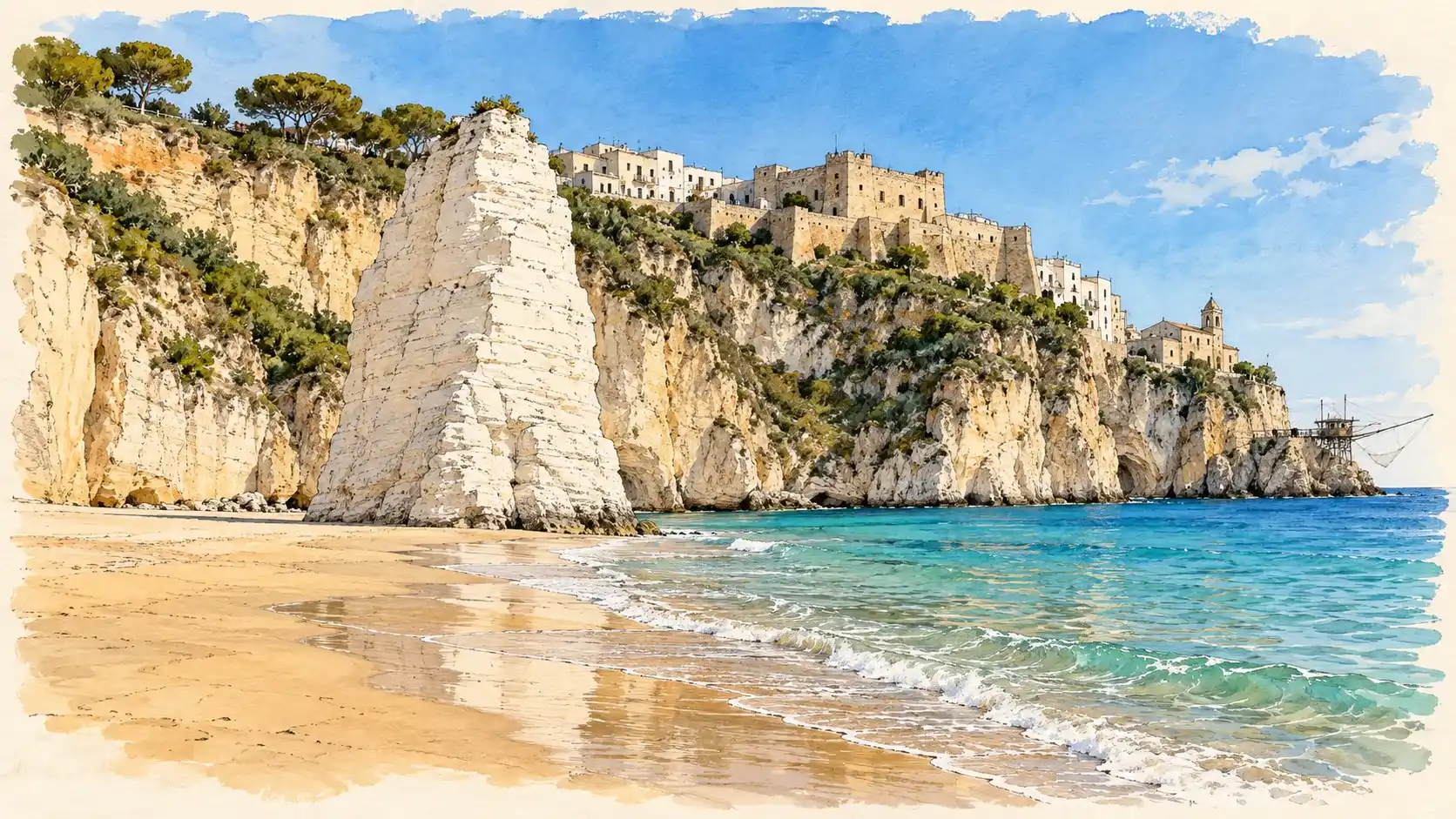 Acquerello del Pizzomunno, il monolite bianco sulla spiaggia di Vieste, sotto il paese vecchio e il castello