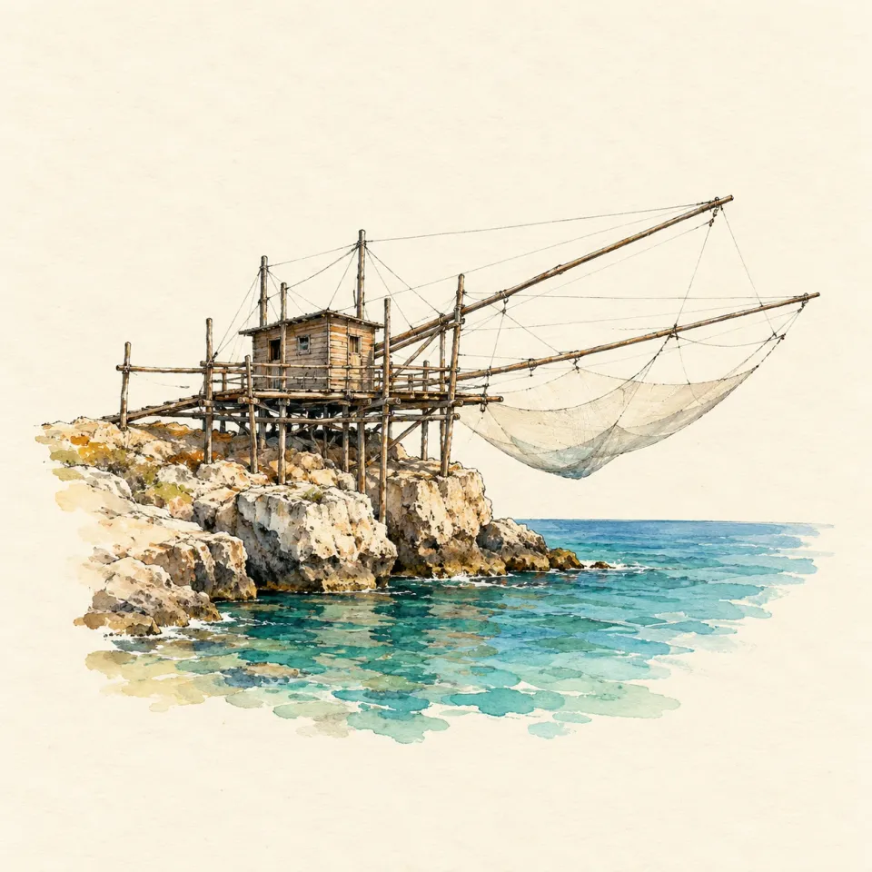 Acquerello di un trabucco del Gargano su uno scoglio, con le antenne di legno e la rete sul mare