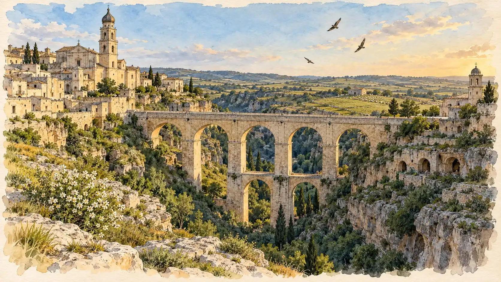 Acquerello di Gravina in Puglia sul ciglio della gravina, attraversata dal Ponte Acquedotto ad arcate