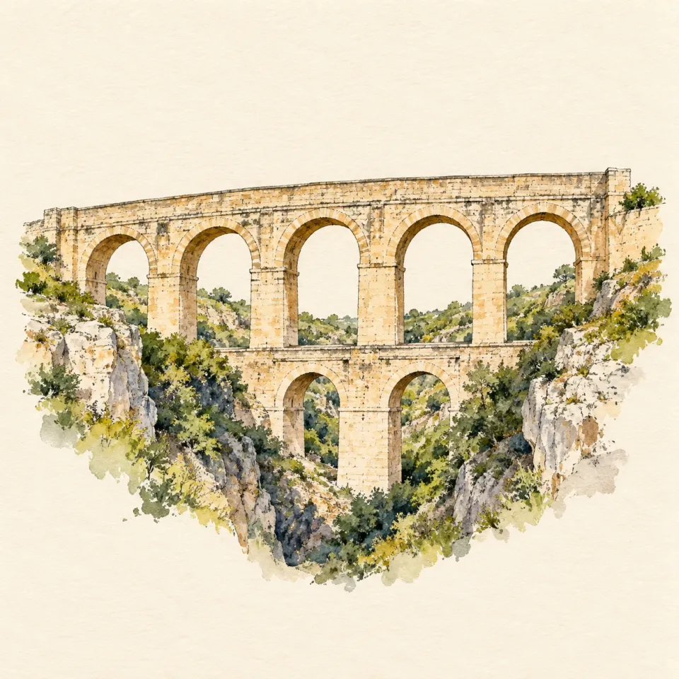 Acquerello del Ponte Acquedotto di Gravina in Puglia, ad arcate di pietra sopra la gravina