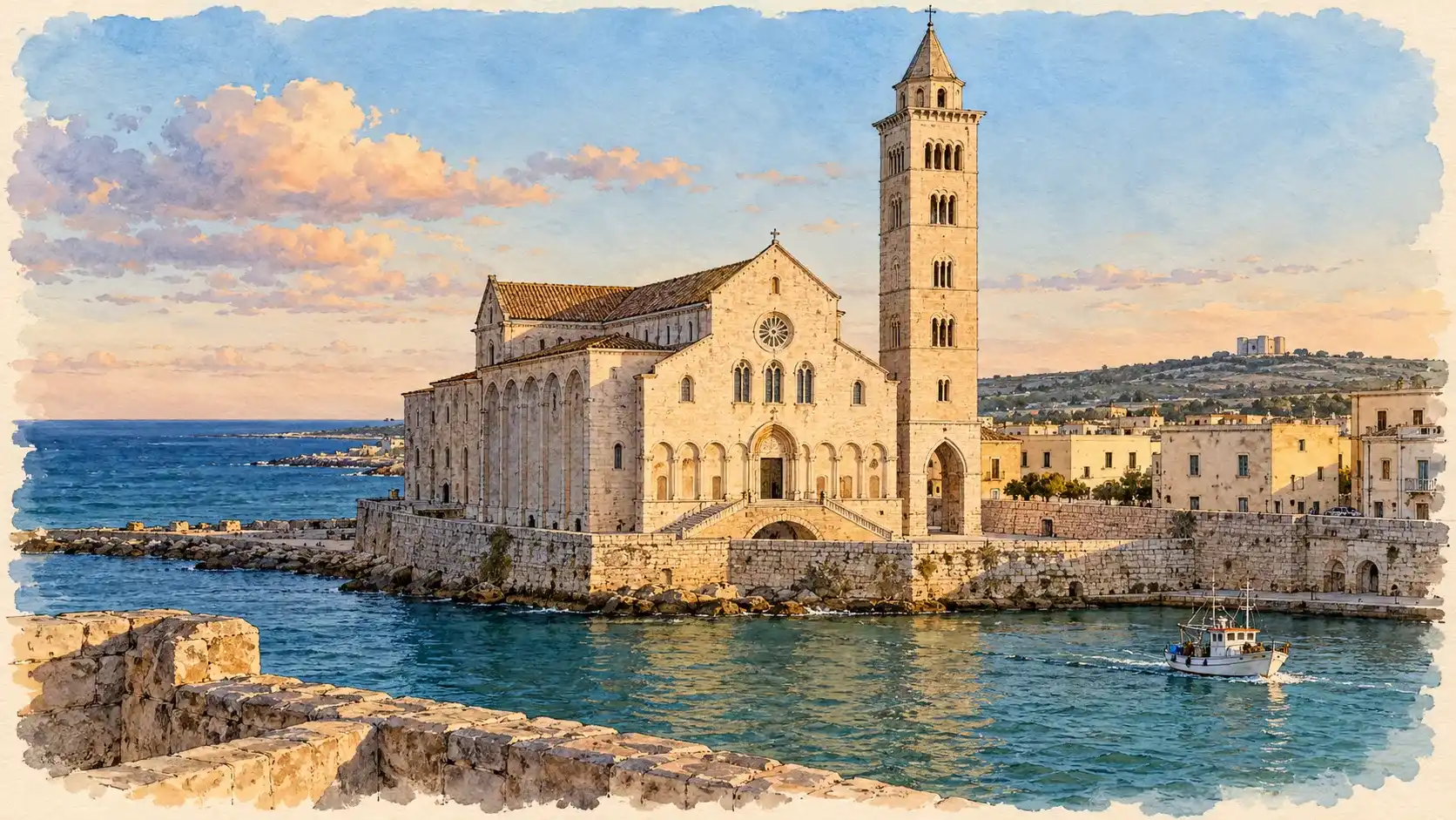Acquerello della Cattedrale di Trani sul mare al tramonto, con il porto e Castel del Monte sulla collina