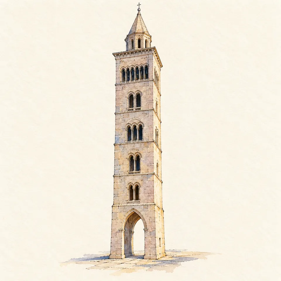 Acquerello del campanile della Cattedrale di Trani, in pietra chiara, su un alto arco aperto