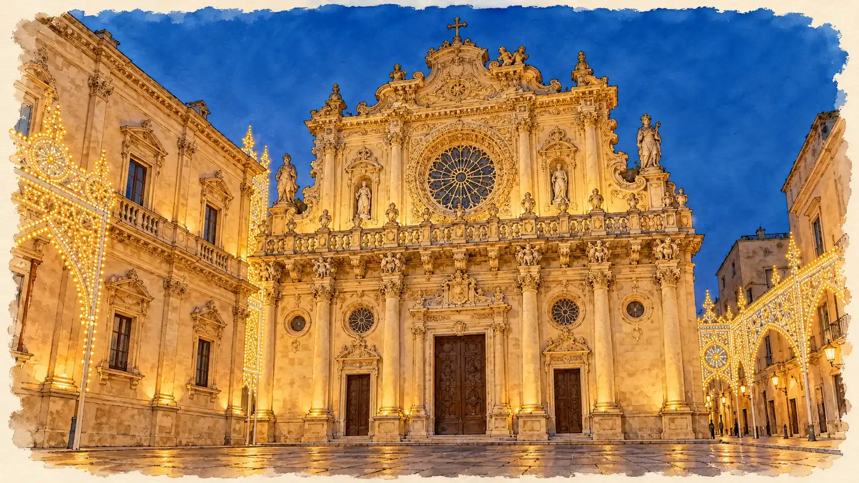 Acquerello della facciata barocca di Santa Croce a Lecce la sera, con le luminarie di una festa