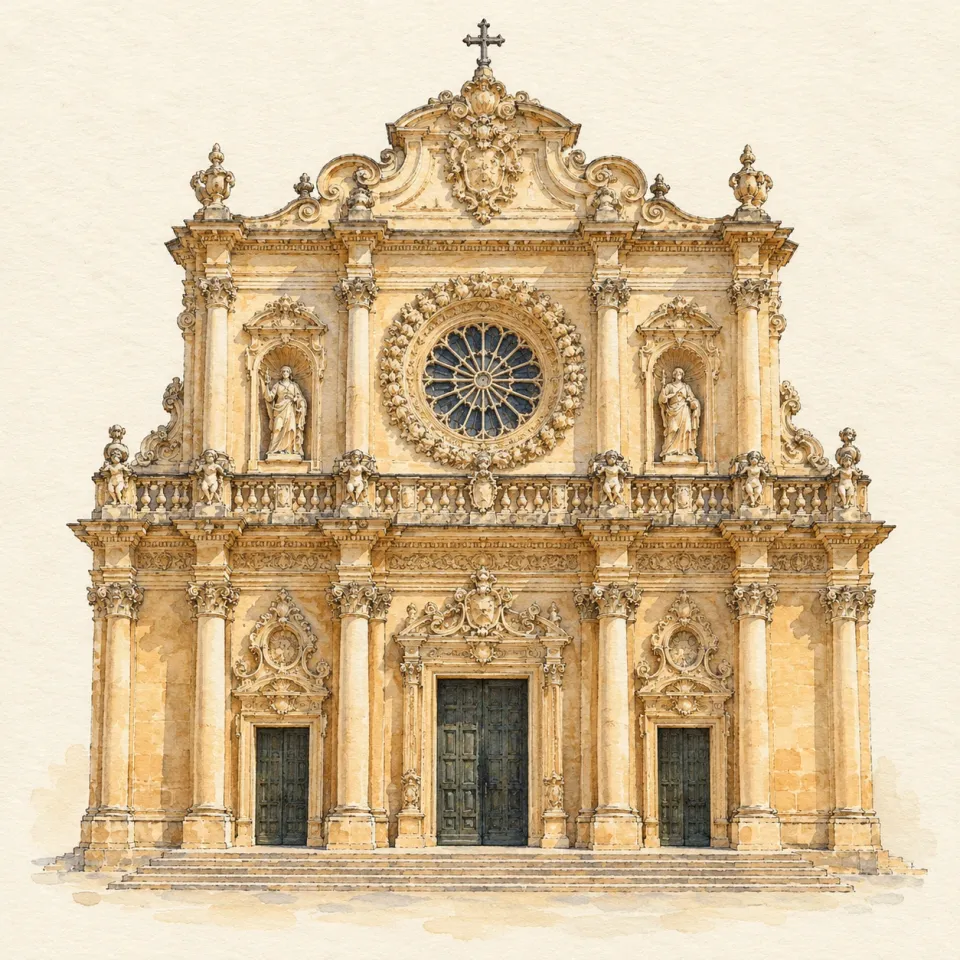 Acquerello della facciata barocca di Santa Croce a Lecce, in pietra leccese, con il grande rosone