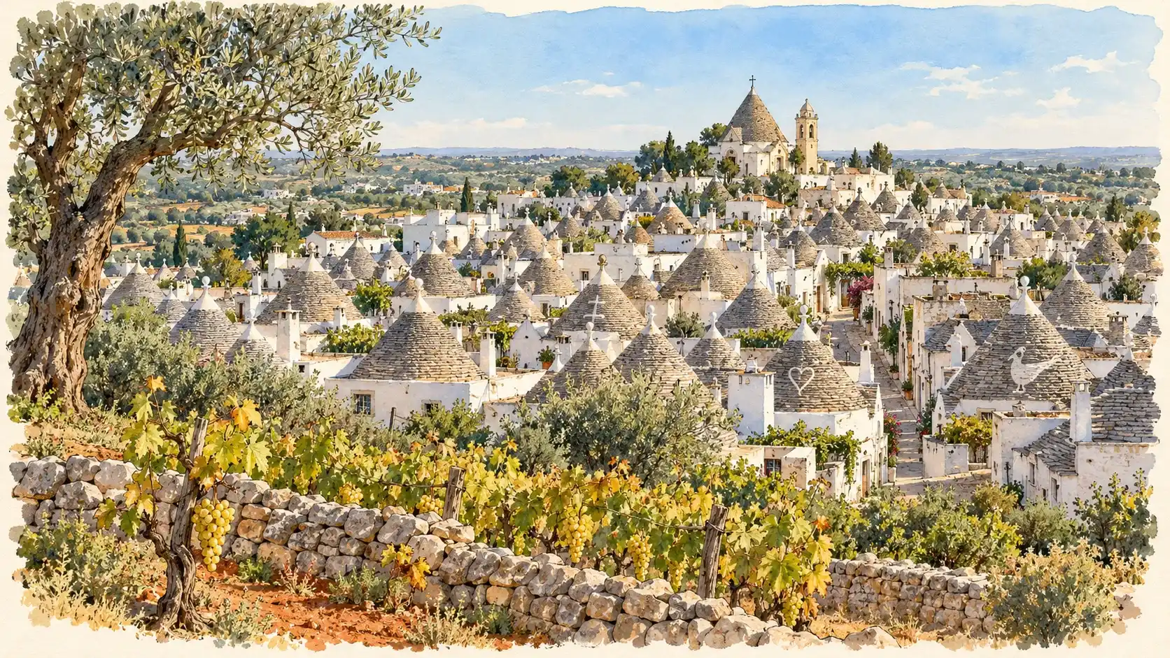 Acquerello del Rione Monti di Alberobello fitto di trulli, con la chiesa di Sant’Antonio in cima