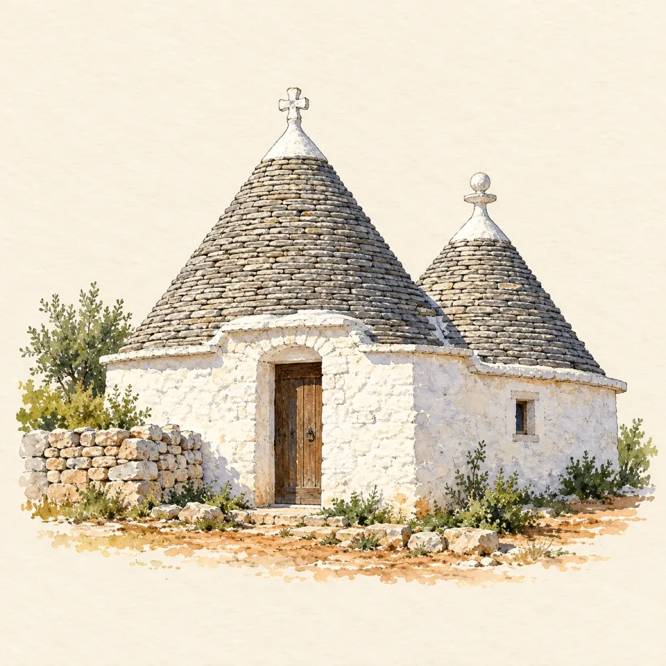 Acquerello di un trullo a due coni di pietra grigia con i pinnacoli bianchi e un muretto a secco